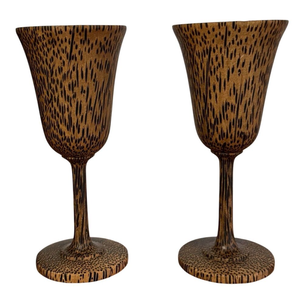 Tropical Palm Wood Goblets Stemmed Wine Glasses Brown Black Pair Folk Art Tiki